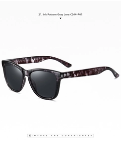 Detail of square polarized sunglasses featuring grey lenses and ink grid patterned frame