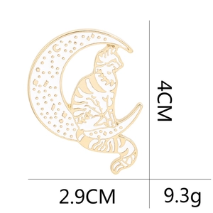 Cute gold alloy cat and moon brooch with white enamel design, size 4cm x 2.9cm