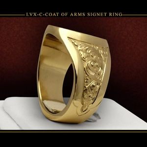 Macro detail of vintage 18k gold plated lion crest and royal signet coat of arms engraving