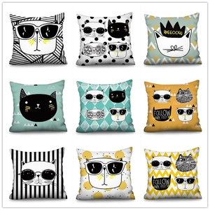 Cartoon Cat Cushion Cover Faux Linen Square Pillowcase Sunglasses Kitty Print Geometric Pattern Nordic Style Home Decor