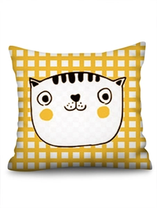 Cartoon white cat printed yellow plaid faux linen square throw pillow cover on white background