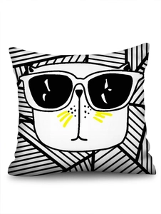 Close-up of faux linen cushion cover featuring a cartoon white cat with black sunglasses