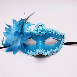 Detail of blue masquerade mask featuring feather flowers and faux sapphire gems