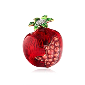 Exquisite pomegranate fruit brooch with red enamel glaze and white rhinestones