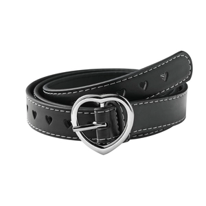 Black leather belt with heart-shaped silver buckle and white stitching on white background