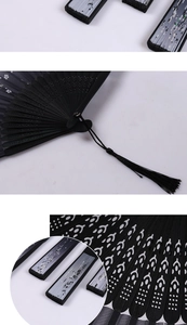 Detailed views of a black Japanese silk fan with bamboo ribs and silver tassel accents