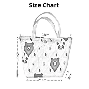 Detailed size guide showing dimensions 28x21x24x9cm for the floral tote lunch bag