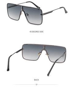 Detailed views of gunmetal metal frame square sunglasses with grey gradient lenses