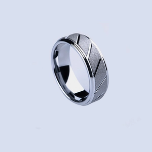 Polished silver 316L stainless steel ring with frosted center and diagonal grooves