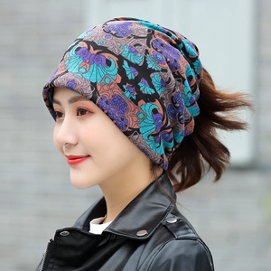 Bohemian floral knit beanie and neck gaiter for women with ponytail opening
