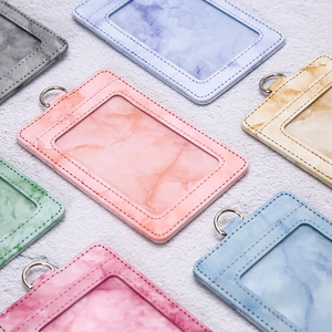 Marble texture leather ID card holders with transparent window and metal D-ring attachment