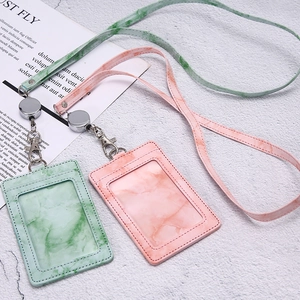 Faux leather marble pattern ID card holder with retractable lanyard and metal hook