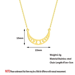 Detail view of gold stainless steel moon phase pendant necklace with dimension specs
