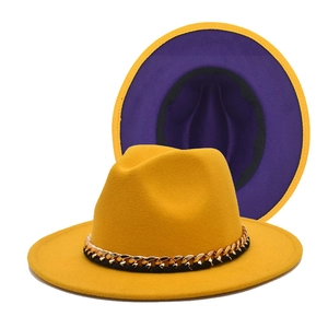 Stylish two-tone wool fedora hat with metal chain detail and wide brim for fashion