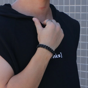 Bracelet gourmette cubaine noire pour homme en acier inoxydable avec bague tressée