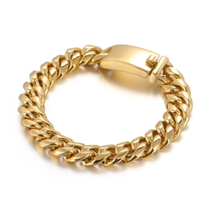 Bracelet gourmette dorée pour homme en acier inoxydable poli avec fermoir carré