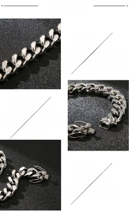 Detail of 316L stainless steel Cuban chain bracelet featuring a brushed metal finish