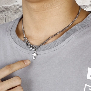 Silver stainless steel snake chain necklace for men with cross pendant on male model