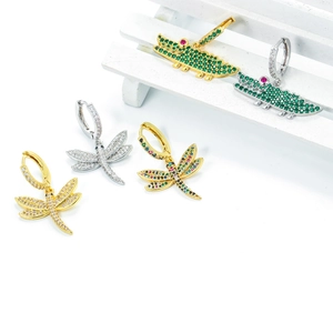 Golden and silver animal earrings with dragonfly and crocodile micro-set zircons