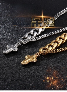 Macro detail of gold and silver cuban link chains with polished cross pendants