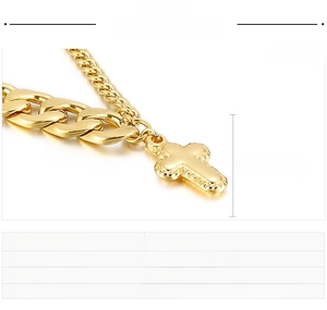 Detailed specs for gold stainless steel cross pendant on a 4mm curb chain necklace