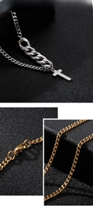 Detail of titanium steel cross pendant and lobster clasp on heavy Cuban chain