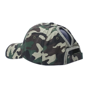 Detail of ponytail hole and adjustable velcro strap on camouflage cotton baseball cap