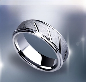 Macro view of men's matte 316L stainless steel ring with diagonal grooves and polished edges