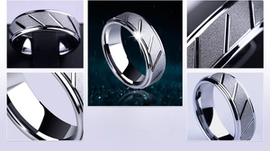 Macro shot of 316L stainless steel ring with matte finish and diagonal grooved textures