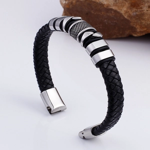 Men's black braided leather bracelet with stainless steel clasp shown from a 45-degree angle