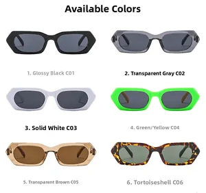 Vue en grille présentant des lunettes de soleil hexagonales en noir, gris, blanc, vert et demi