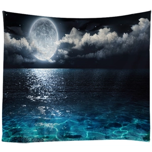 Forest style wall tapestry featuring a large full moon over a shimmering night sea scene