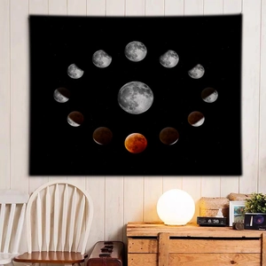 Moon phases wall tapestry on white wood background for bohemian dormitory decor
