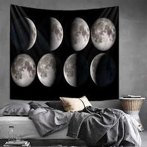 Detail showing high-definition digital printing of eight moon phases on black tapestry