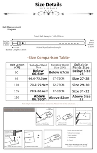 Detailed size chart for wide elastic belt showing measurements and adjustment guide