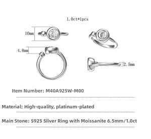 Technical view showing 1.0ct moissanite ring dimensions and S925 silver setting details