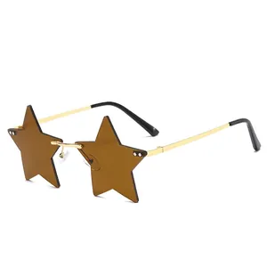 Frameless star-shaped sunglasses with brown lenses and golden metal frame
