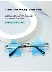 Detail of star-shaped rimless sunglasses with blue tinted lenses and gold metal frame