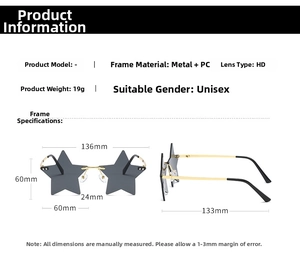 Size chart and dimensions for rimless star-shaped sunglasses with metal and PC frame