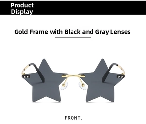 Front view of rimless star shaped sunglasses with gold metal frame and dark grey lenses