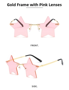 Detailed front and side views of rimless gold metal star shaped sunglasses with pink lenses