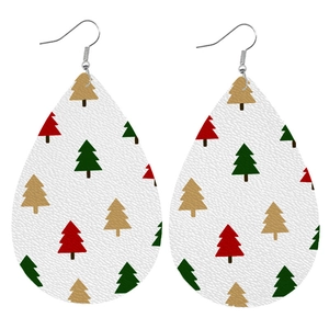Bohemian teardrop leather earrings with festive Christmas tree pattern and silver hooks