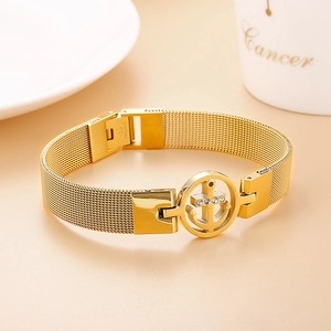 Bracelet ancre en acier inoxydable doré avec maille milanaise et zircons blancs