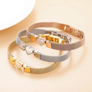 Three heart charm mesh strap bracelets in rose gold, silver, and gold stainless steel