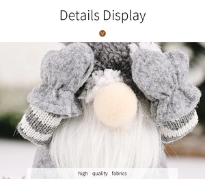 Detailed close-up of grey knitted fabric and white beard on a Christmas gnome doll