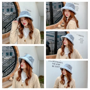 Multi-angle views of grey faux rabbit fur bucket hat with soft texture for winter