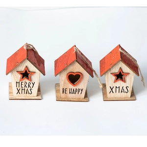 Three-piece set of Nordic wooden Christmas house ornaments with red roofs and jute hangers