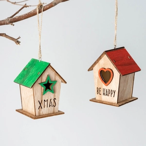 Wooden Christmas House Hanging Ornaments With Hollow Star Heart Merry Xmas Print Holiday Tree Decor