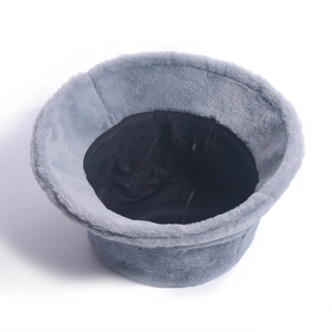 Plush grey faux fur bucket hat with thick windproof fabric and adjustable inner drawstring