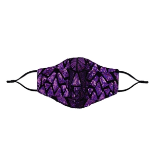 Detail of purple sequin face mask with adjustable elastic ear loops and geometric texture